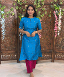 Blue and Pink Color Round Neck Premium Raw Silk 3 Piece Salwar Set with Lining / LSS194