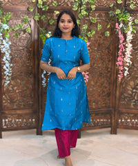 Blue and Pink Color Round Neck Premium Raw Silk 3 Piece Salwar Set with Lining / LSS194