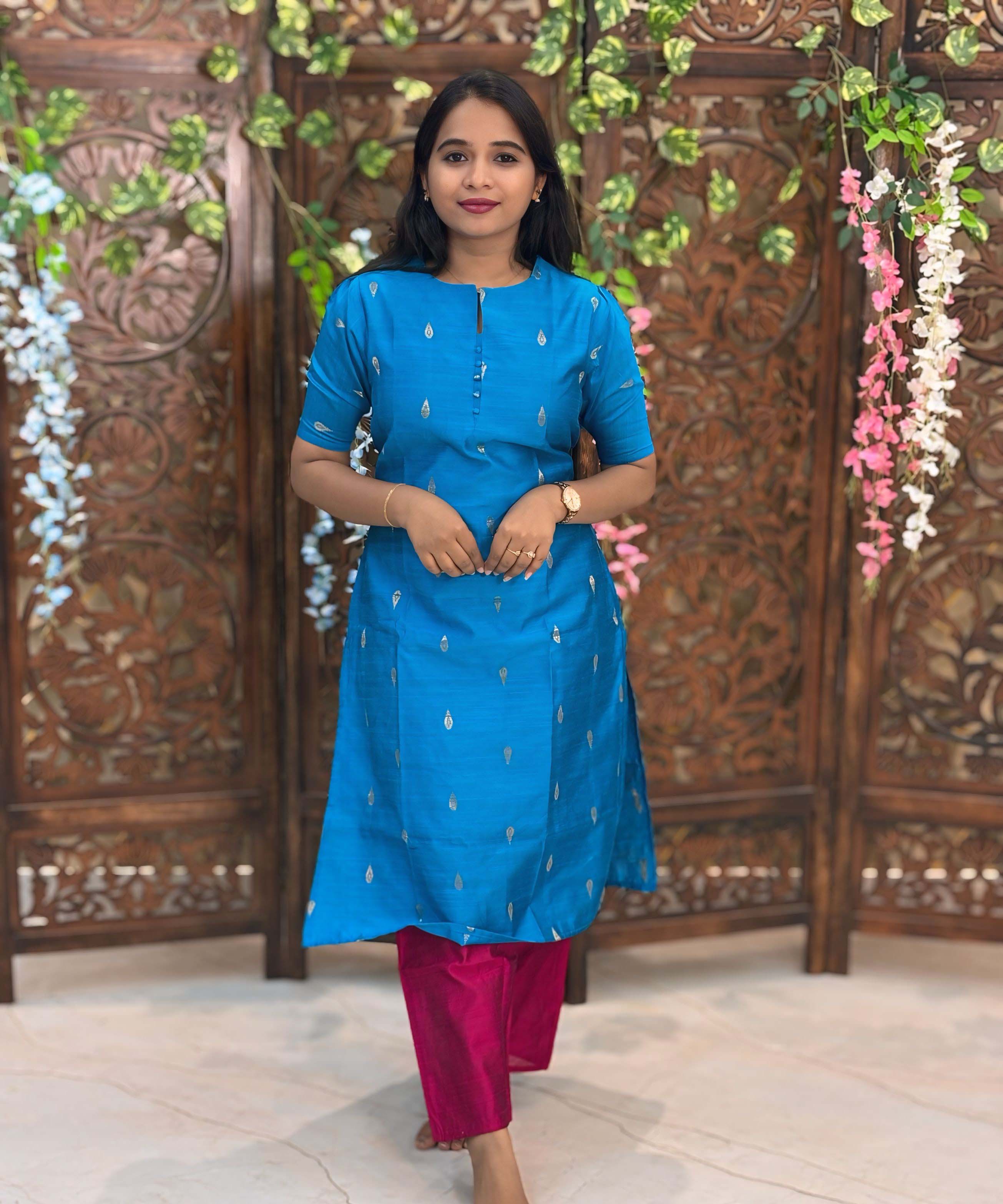 Blue and Pink Color Round Neck Premium Raw Silk 3 Piece Salwar Set with Lining / LSS194