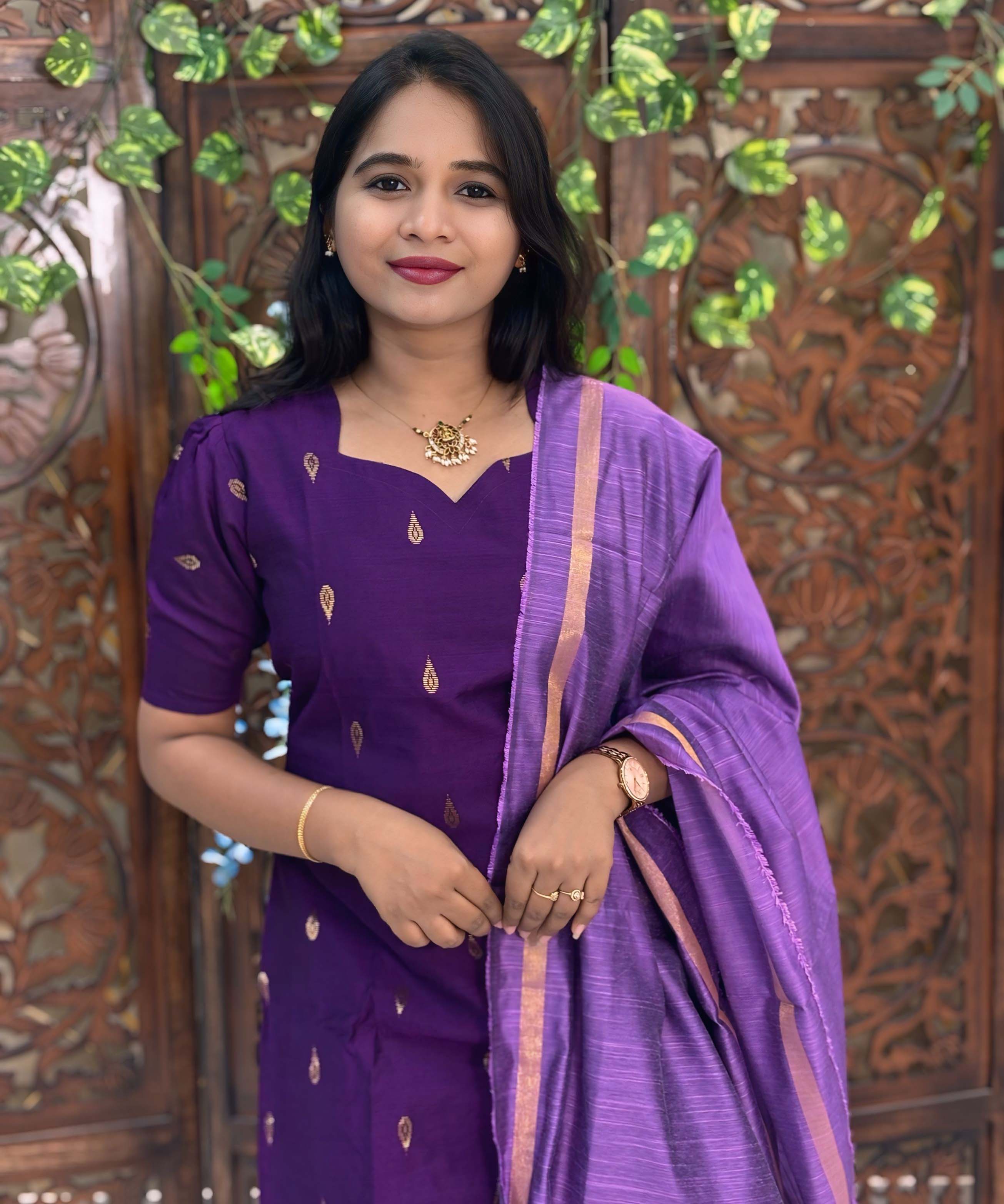Dark Purple with Violet Color Sweet Heart Neck Premium Raw Silk 3 Piece Salwar Set with Lining / LSS194