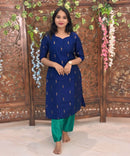 Navy Blue and Rama Green Color Sweet Heart Neck Premium Raw Silk 3 Piece Salwar Set with Lining / LSS194