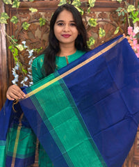 Green and Navy Blue Color Round Neck Premium Raw Silk 3 Piece Salwar Set with Thilagam Zari Butta & Lining / LSS194