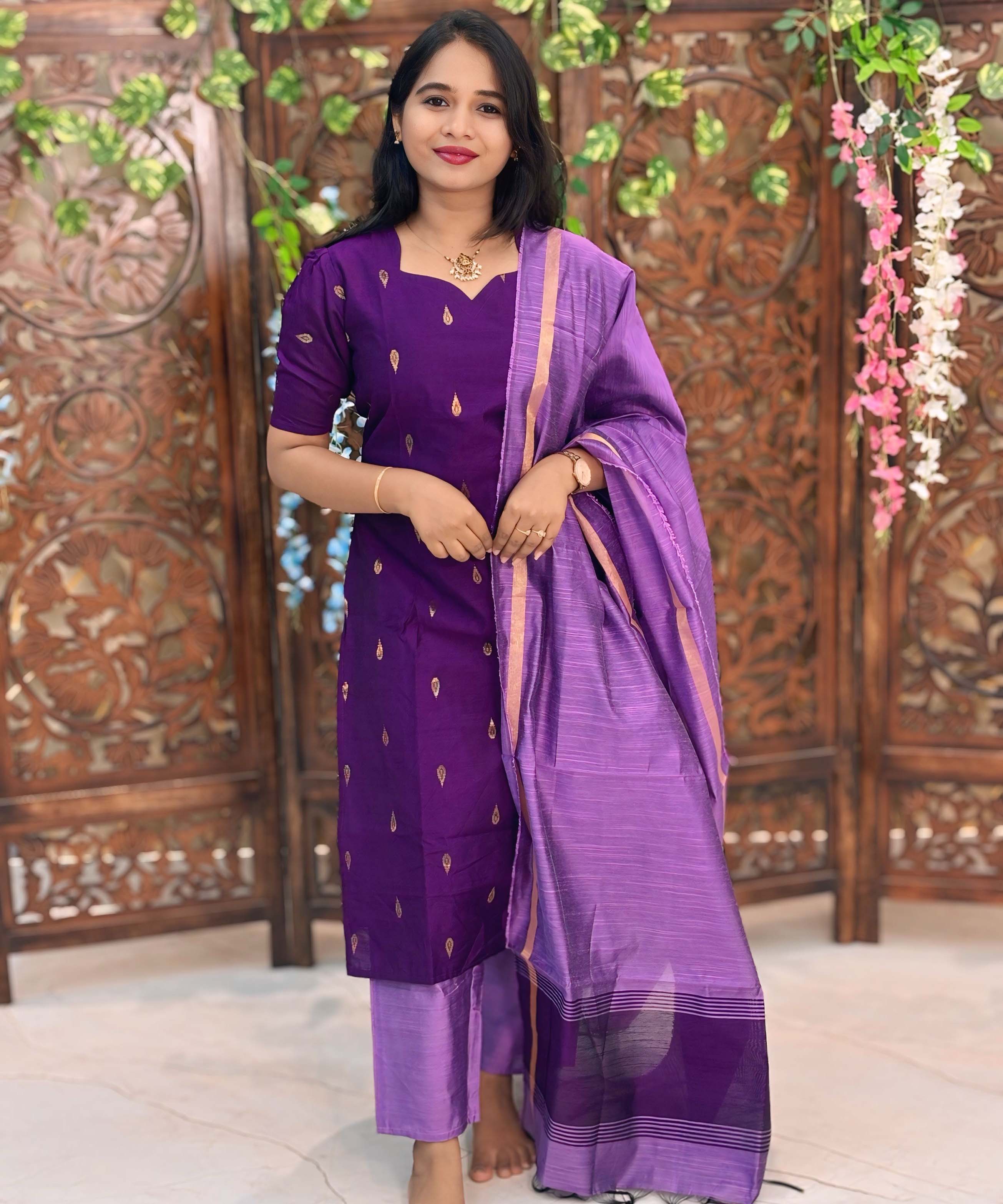 Dark Purple with Violet Color Sweet Heart Neck Premium Raw Silk 3 Piece Salwar Set with Lining / LSS194