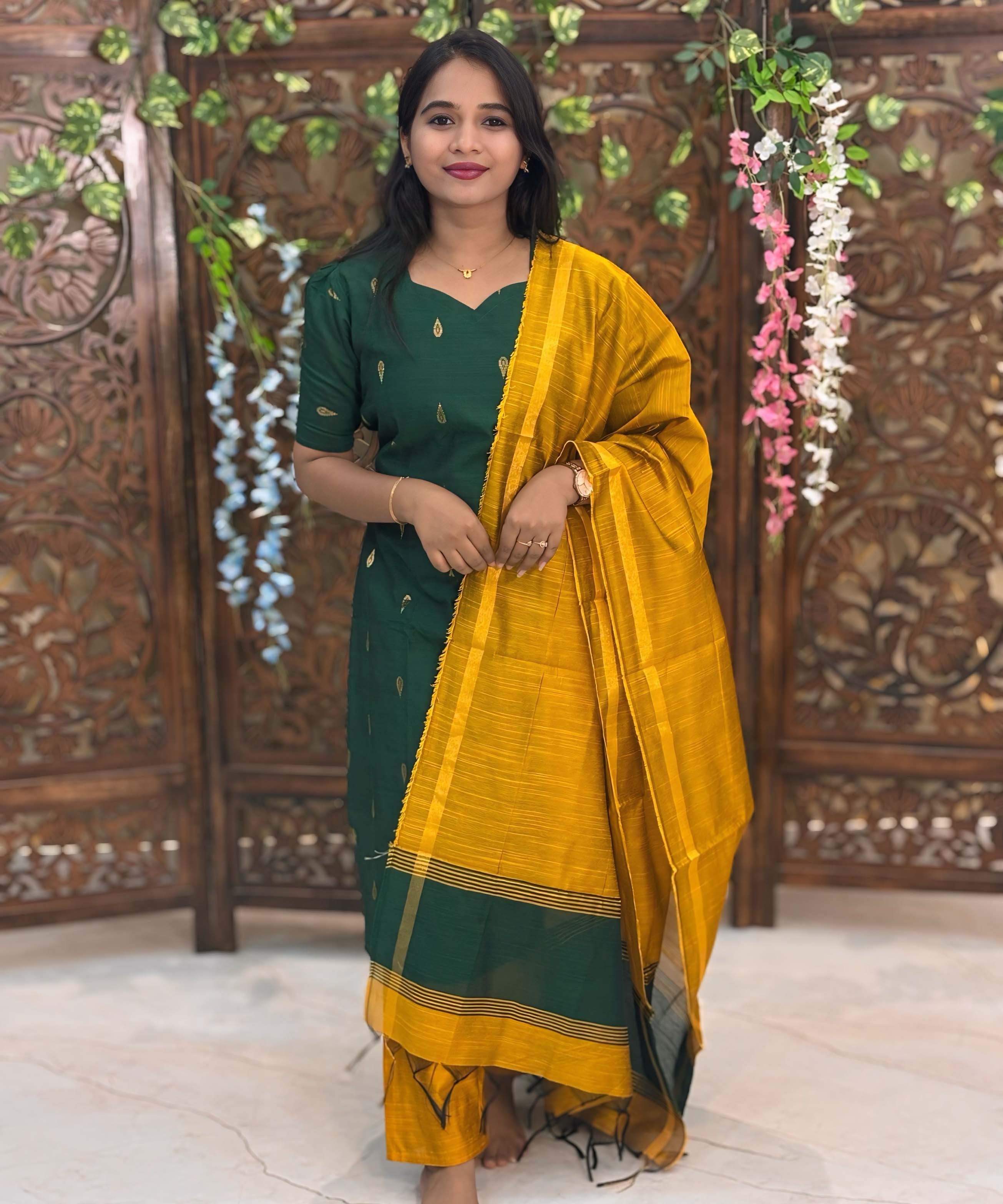 Green and Yellow Color Sweet Heart Neck Premium Raw Silk 3 Piece Salwar Set with Lining / LSS194