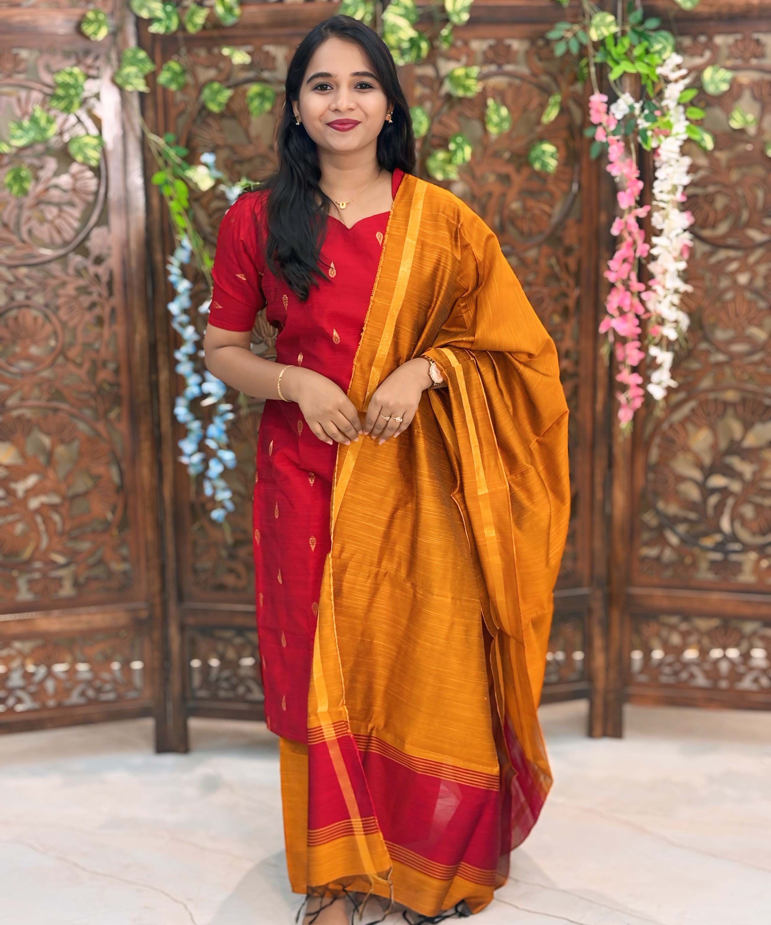 Red and Mustard Yellow Color Sweet Heart Neck Premium Raw Silk 3 Piece Salwar Set with Lining / LSS194