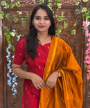 Red and Mustard Yellow Color Sweet Heart Neck Premium Raw Silk 3 Piece Salwar Set with Lining / LSS194