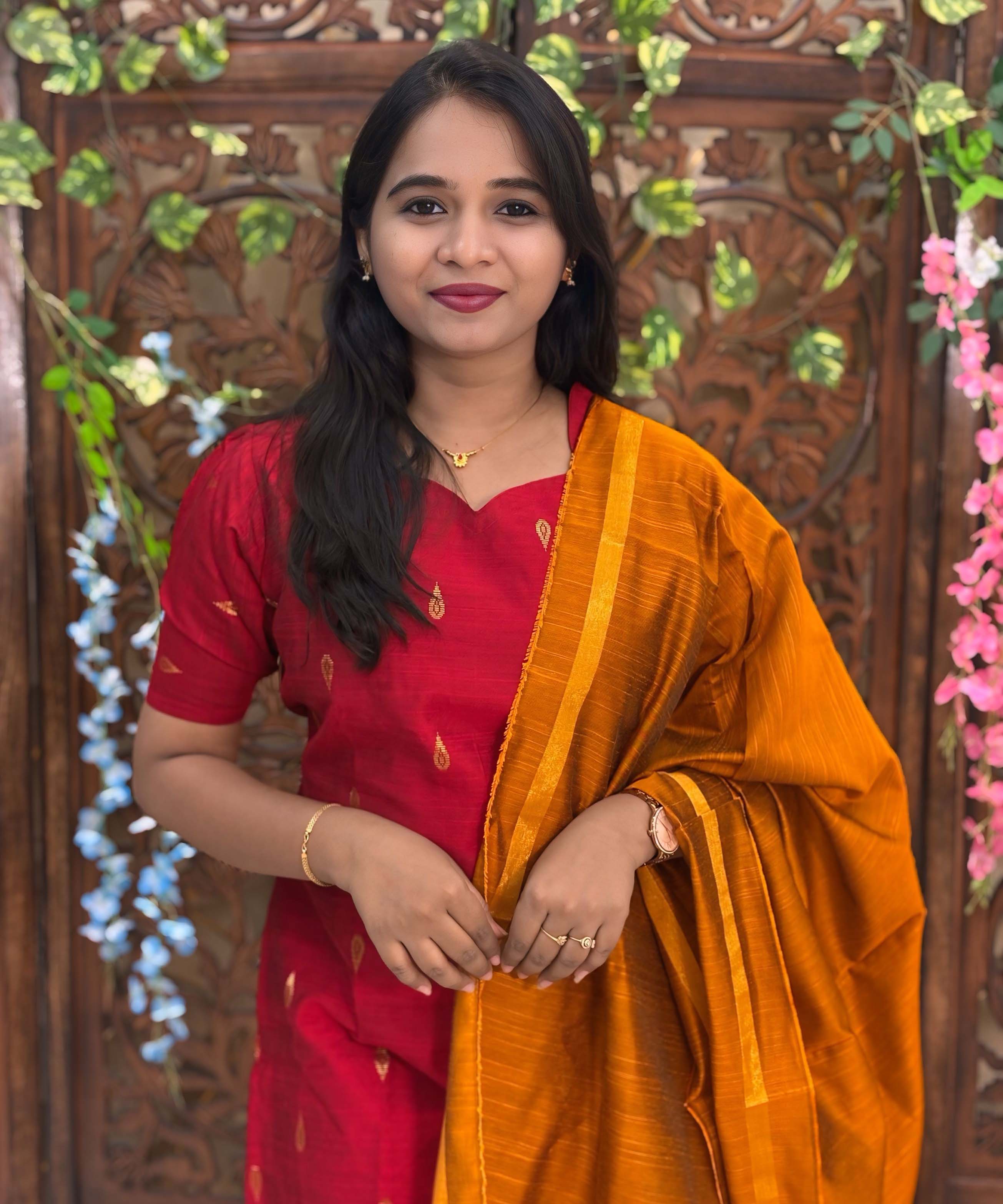Red and Mustard Yellow Color Sweet Heart Neck Premium Raw Silk 3 Piece Salwar Set with Lining / LSS194
