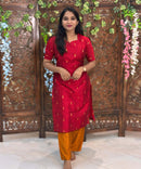 Red and Mustard Yellow Color Sweet Heart Neck Premium Raw Silk 3 Piece Salwar Set with Lining / LSS194