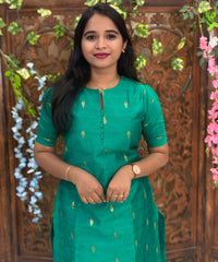 Green and Navy Blue Color Round Neck Premium Raw Silk 3 Piece Salwar Set with Thilagam Zari Butta & Lining / LSS194