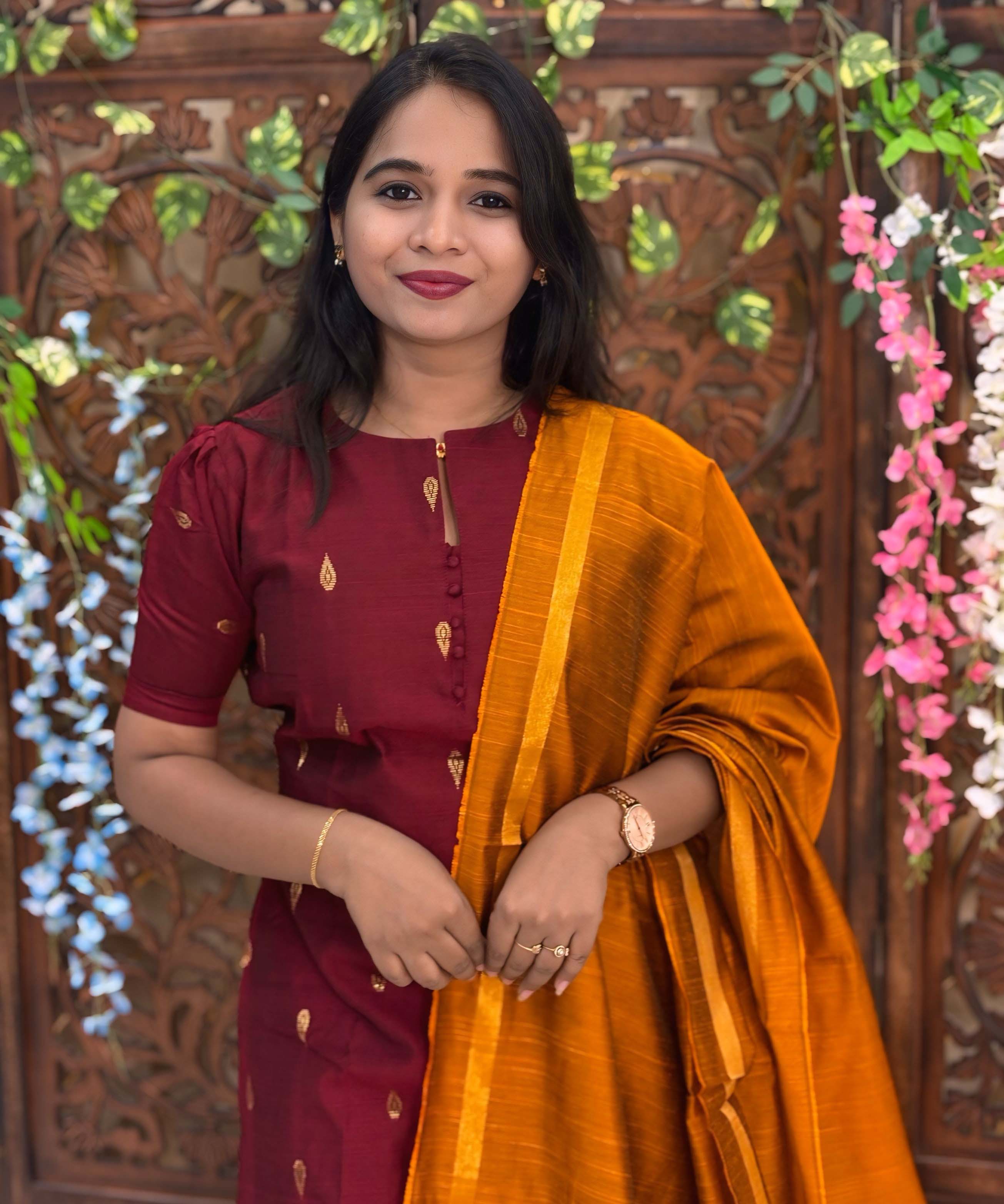 Maroon and Mustard Yellow Color Round Neck Premium Raw Silk 3 Piece Salwar Set with Lining / LSS194