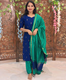 Navy Blue and Rama Green Color Sweet Heart Neck Premium Raw Silk 3 Piece Salwar Set with Lining / LSS194