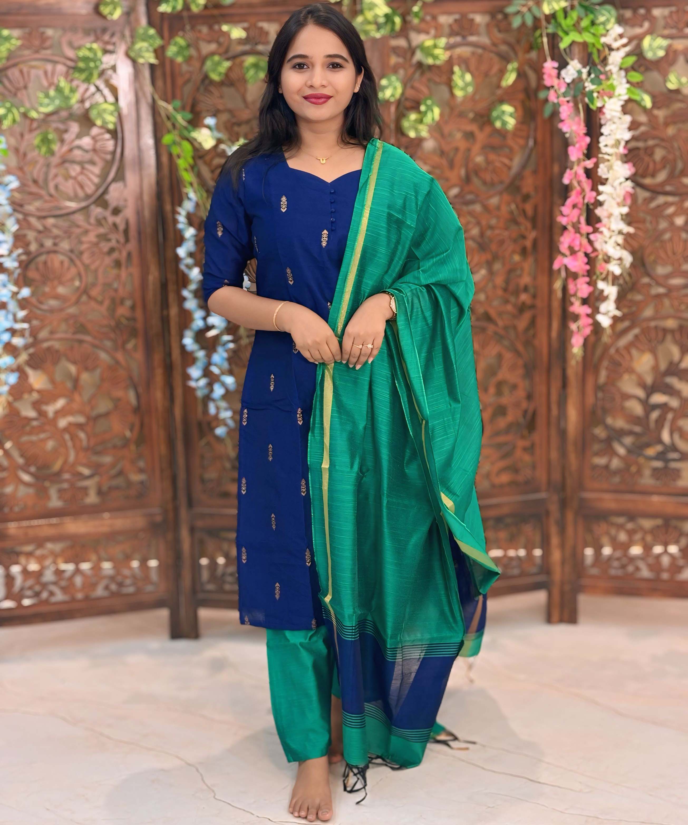 Navy Blue and Rama Green Color Sweet Heart Neck Premium Raw Silk 3 Piece Salwar Set with Lining / LSS194