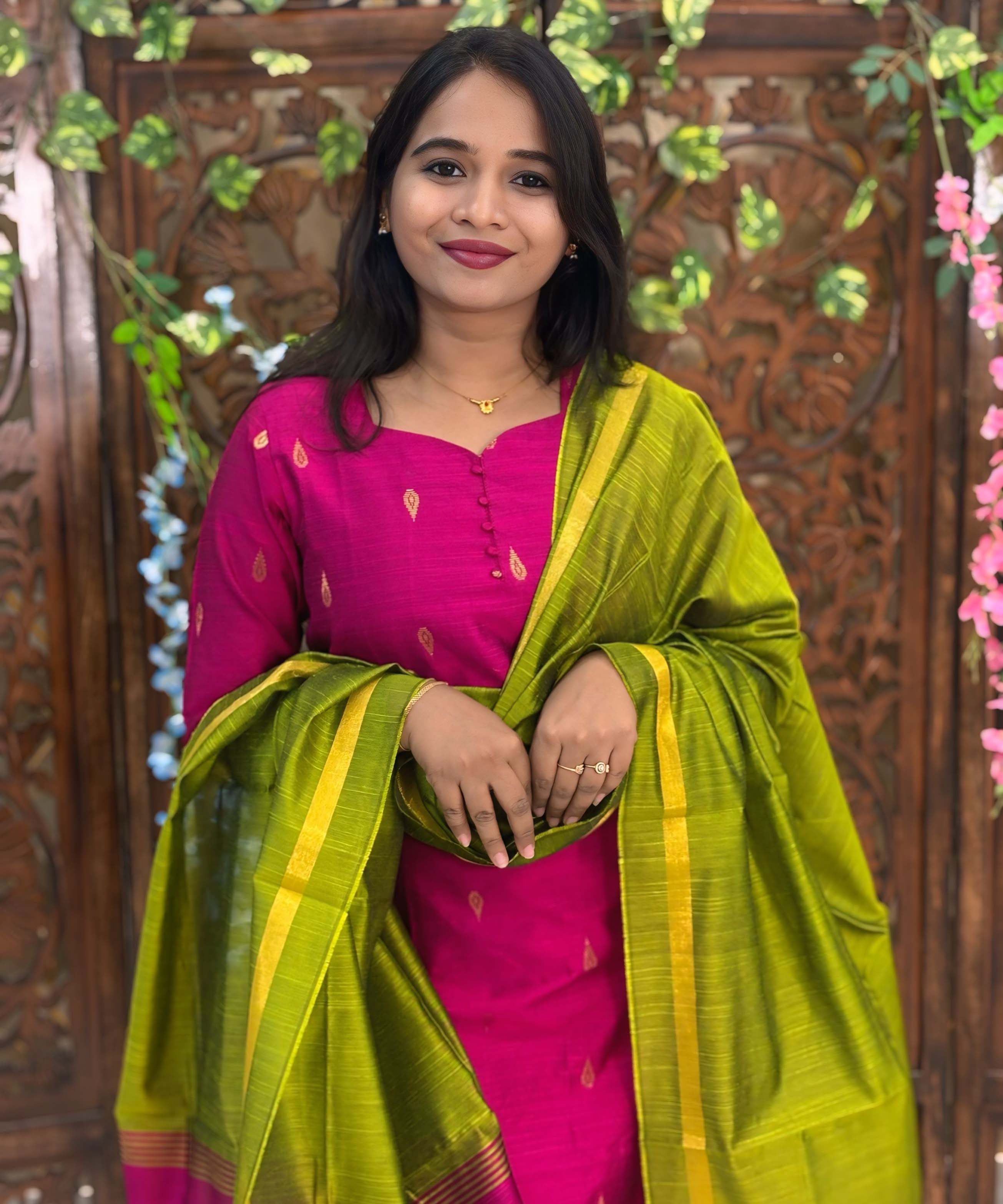 Pink and Green Color Sweet Heart Neck Premium Raw Silk 3 Piece Salwar Set with Lining / LSS194