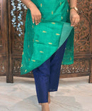 Green and Navy Blue Color Round Neck Premium Raw Silk 3 Piece Salwar Set with Thilagam Zari Butta & Lining / LSS194