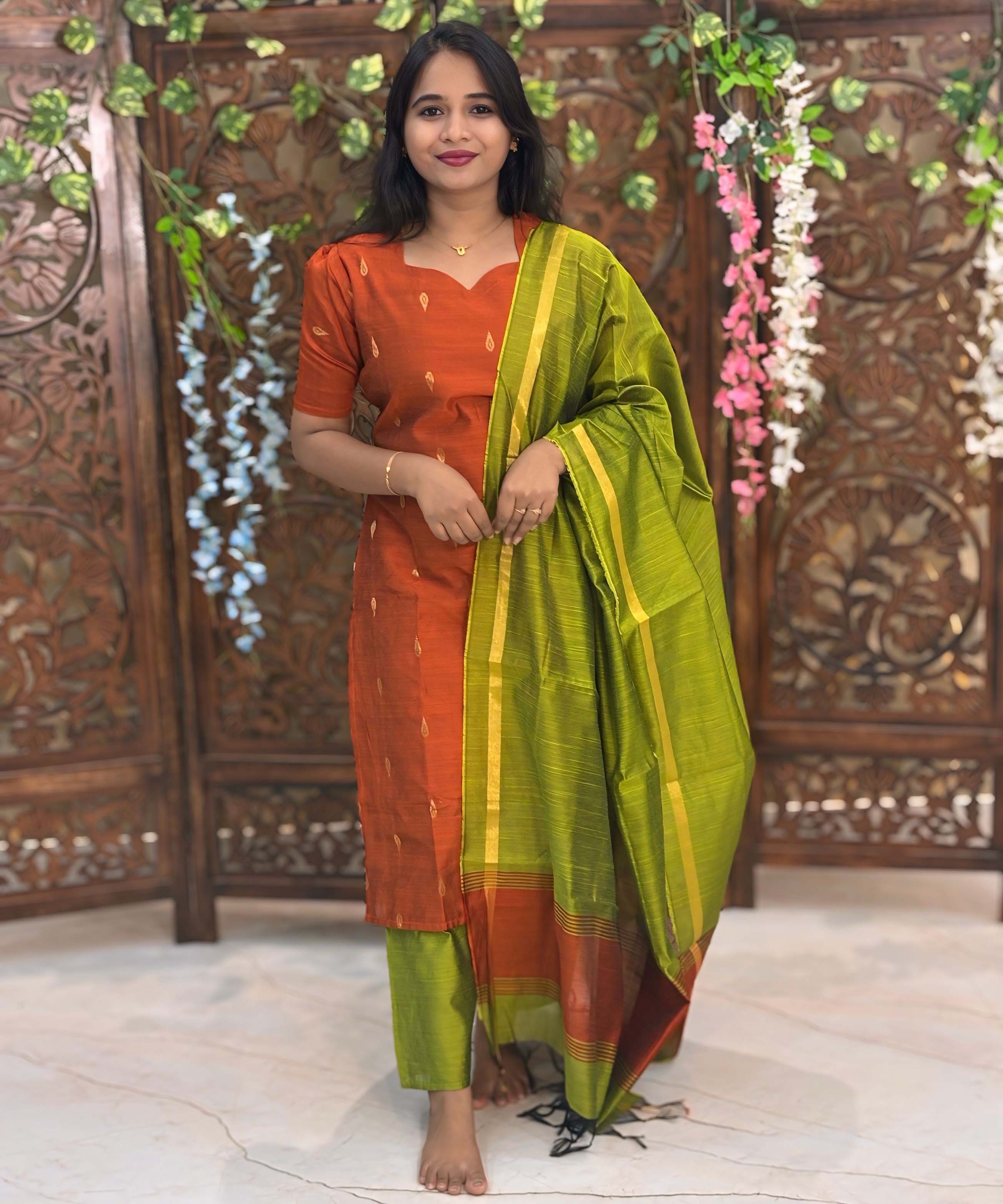 Orange and Green Color Sweet Heart Neck Premium Raw Silk 3 Piece Salwar Set with Thilagam Zari Butta & Lining / LSS194