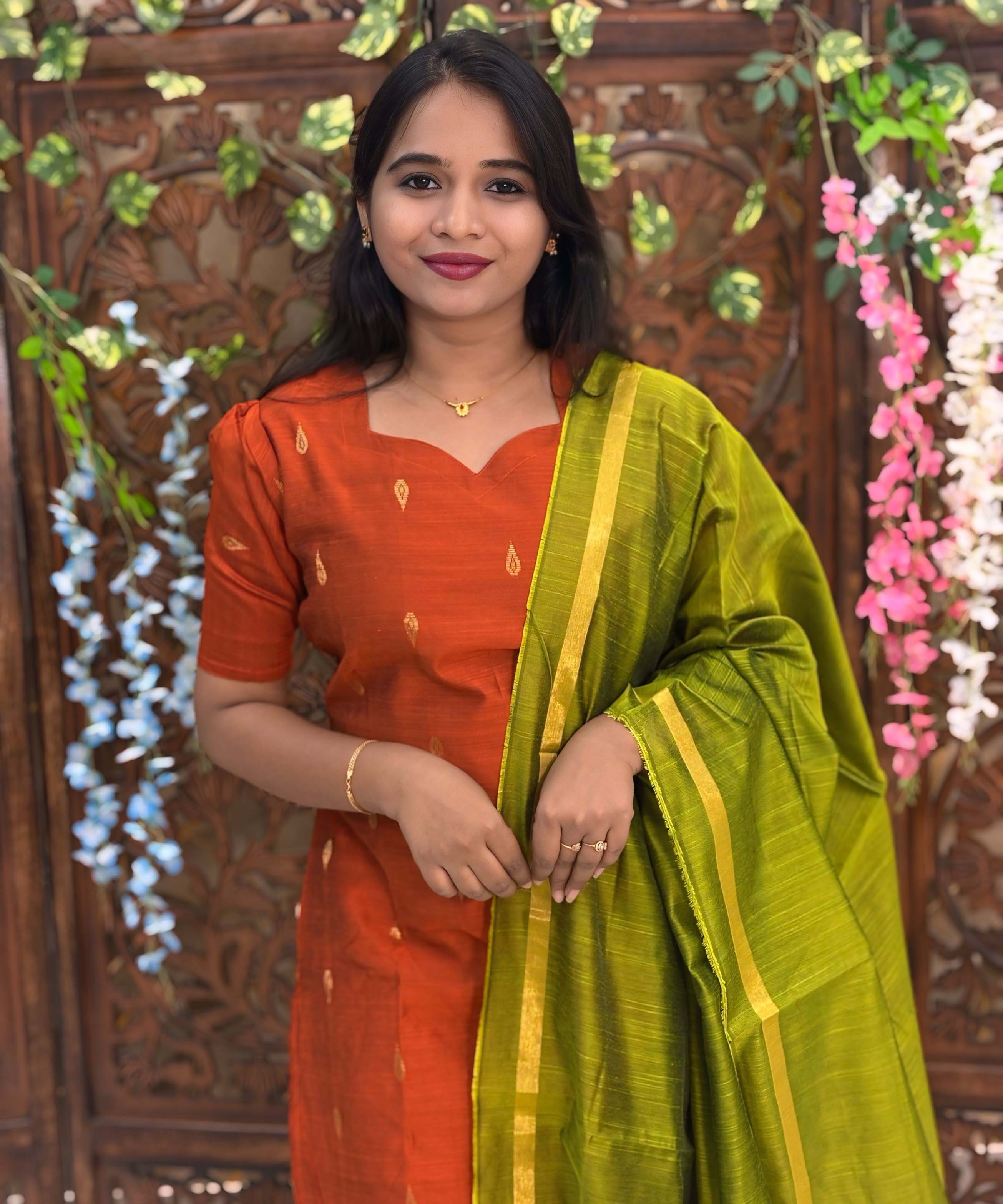 Orange and Green Color Sweet Heart Neck Premium Raw Silk 3 Piece Salwar Set with Thilagam Zari Butta & Lining / LSS194