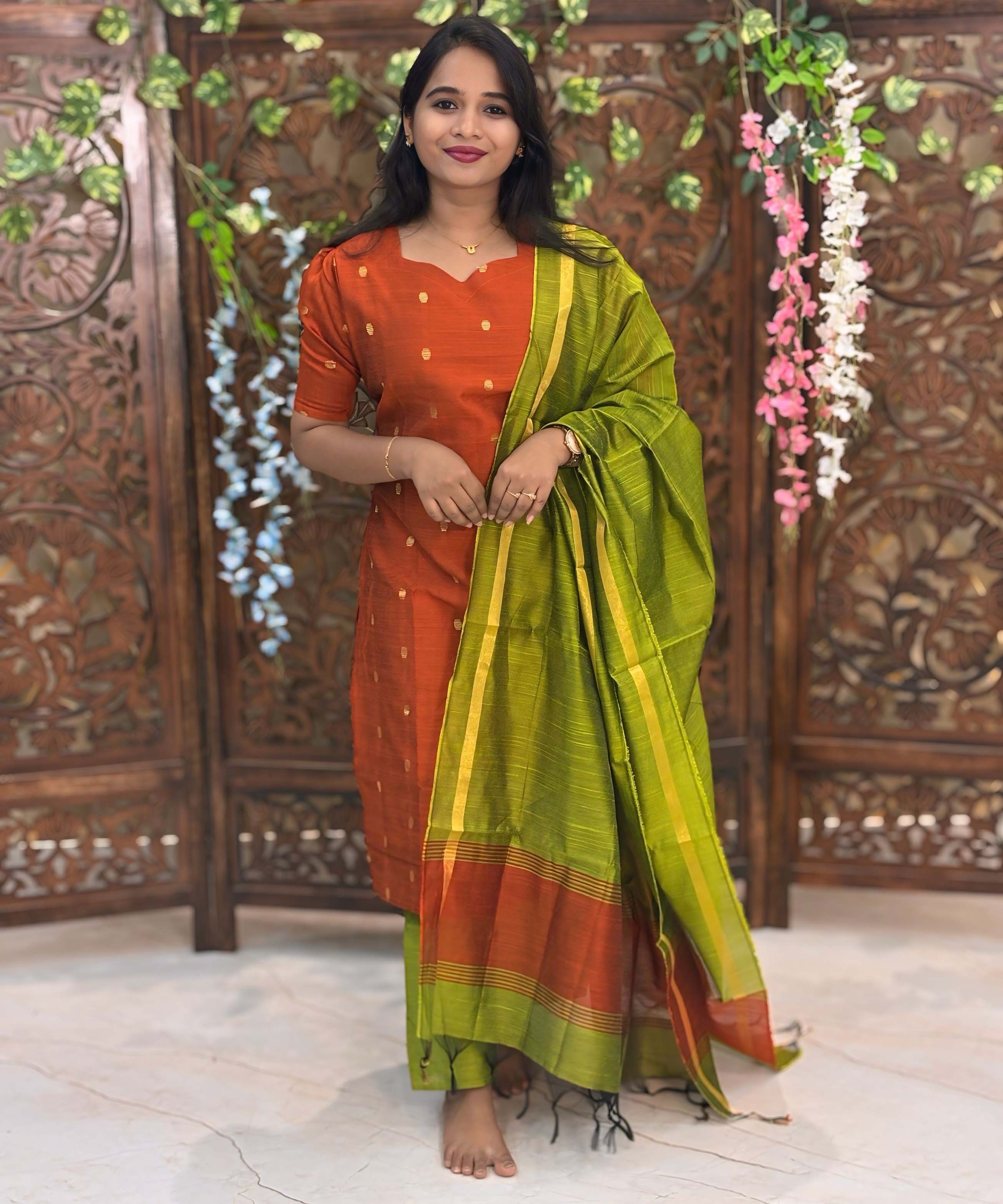 Orange and Green Color Sweet Heart Neck Premium Raw Silk 3 Piece Salwar Set with Small Zari Butta & Lining / LSS194