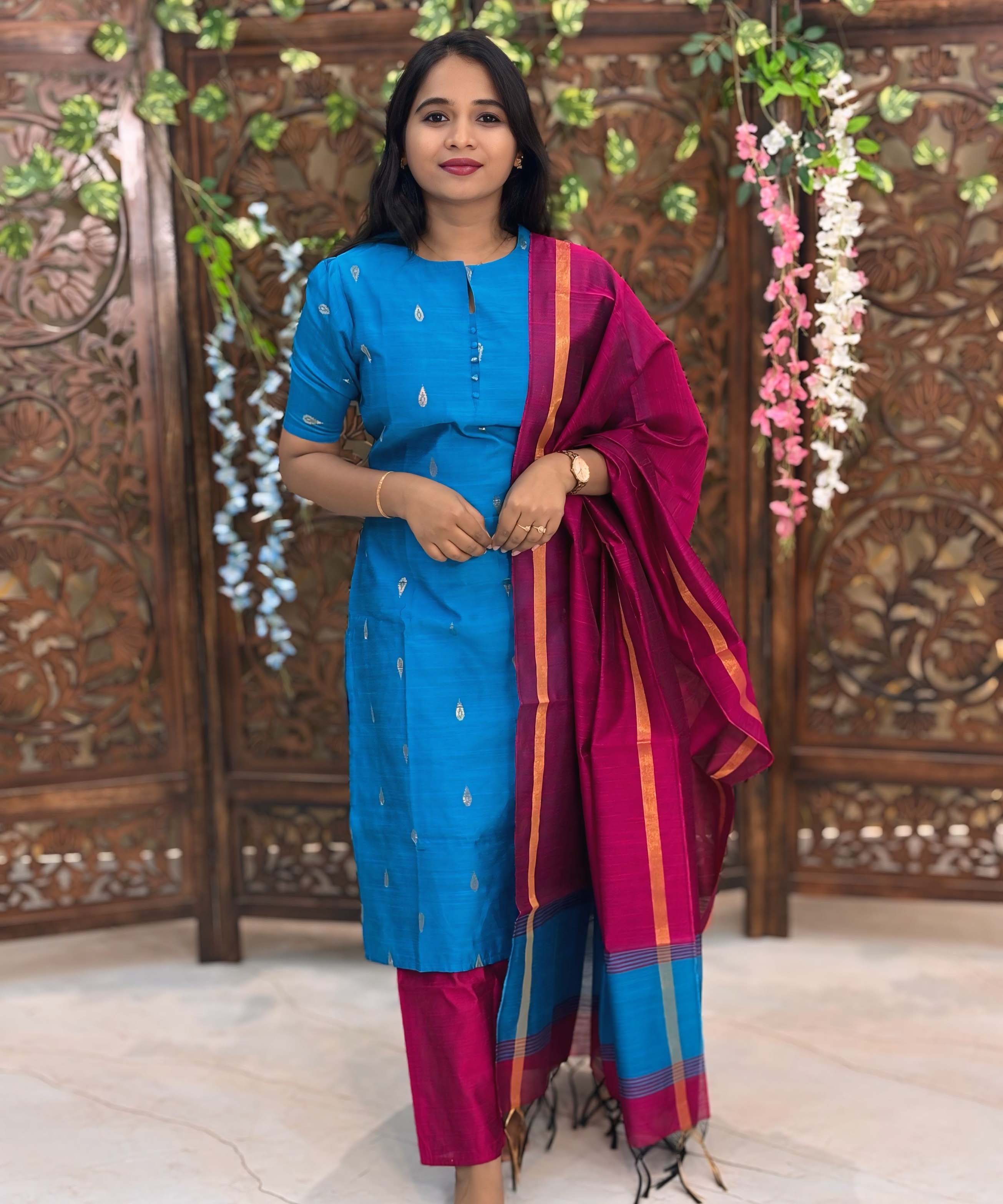Blue and Pink Color Round Neck Premium Raw Silk 3 Piece Salwar Set with Lining / LSS194