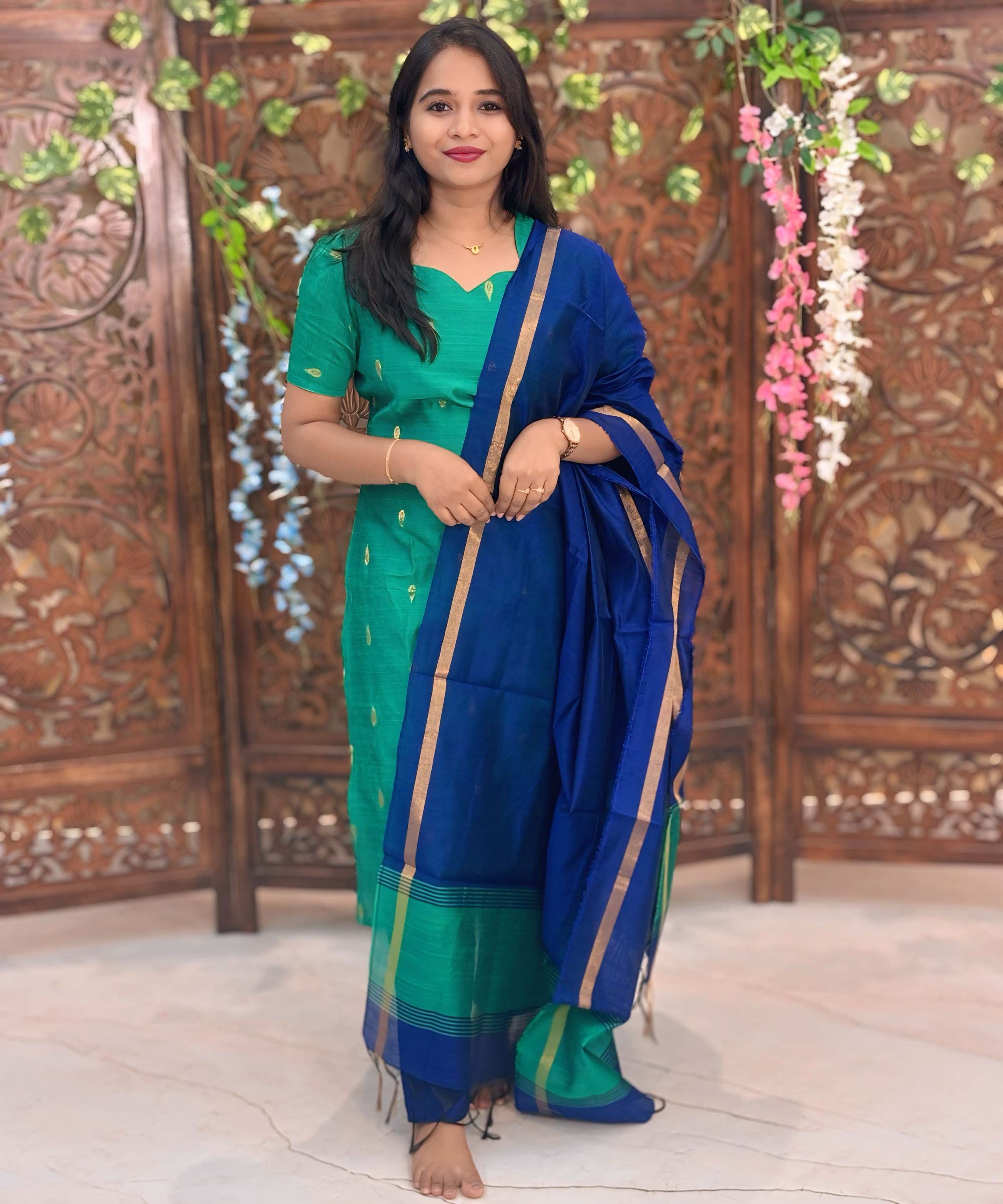 Green and Navy Blue Color Sweet Heart Neck Premium Raw Silk 3 Piece Salwar Set with Thilagam Zari Butta & Lining / LSS194