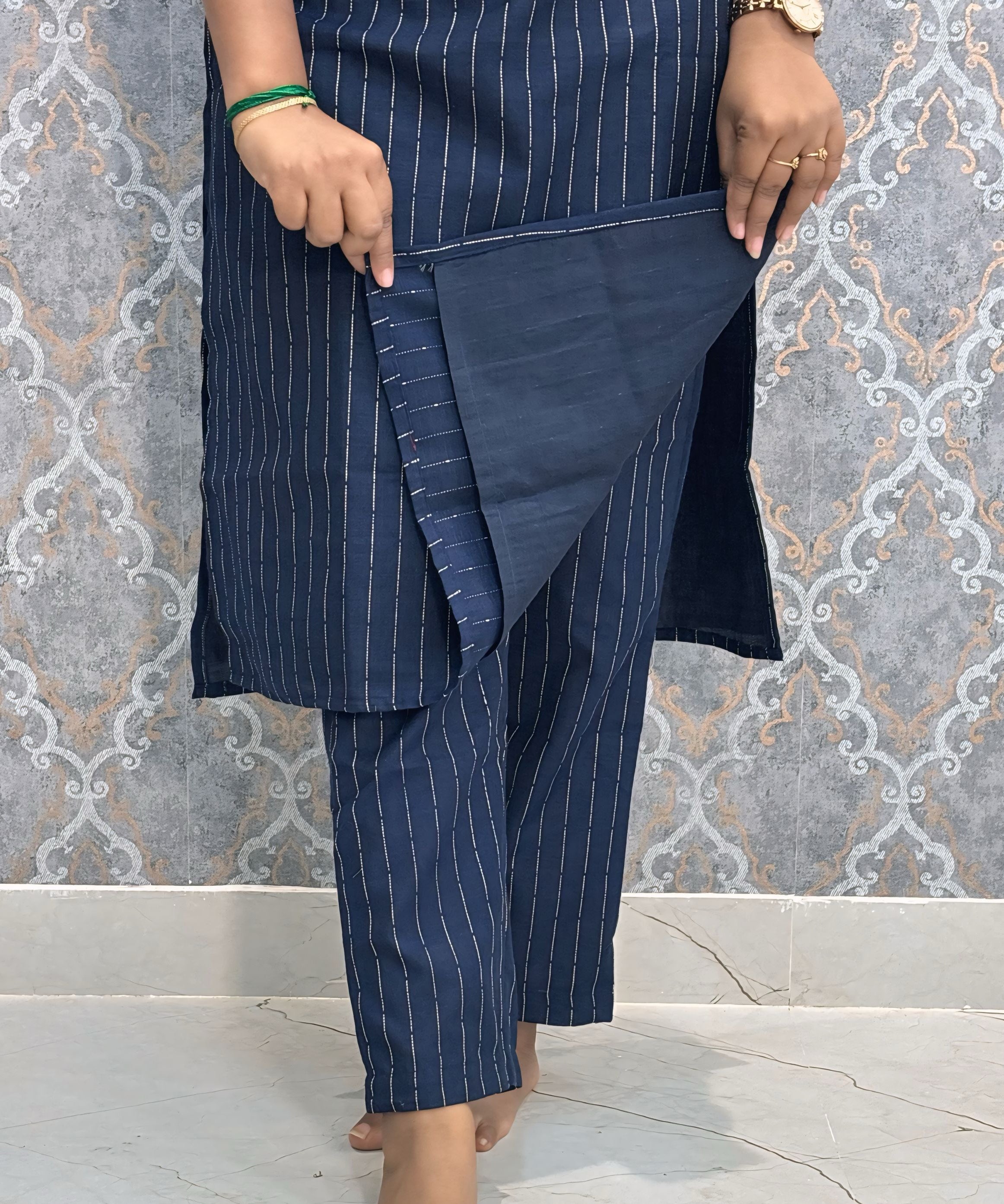 Navy Blue Color Premium Raw Silk Coord Set with Pocket / LSS216