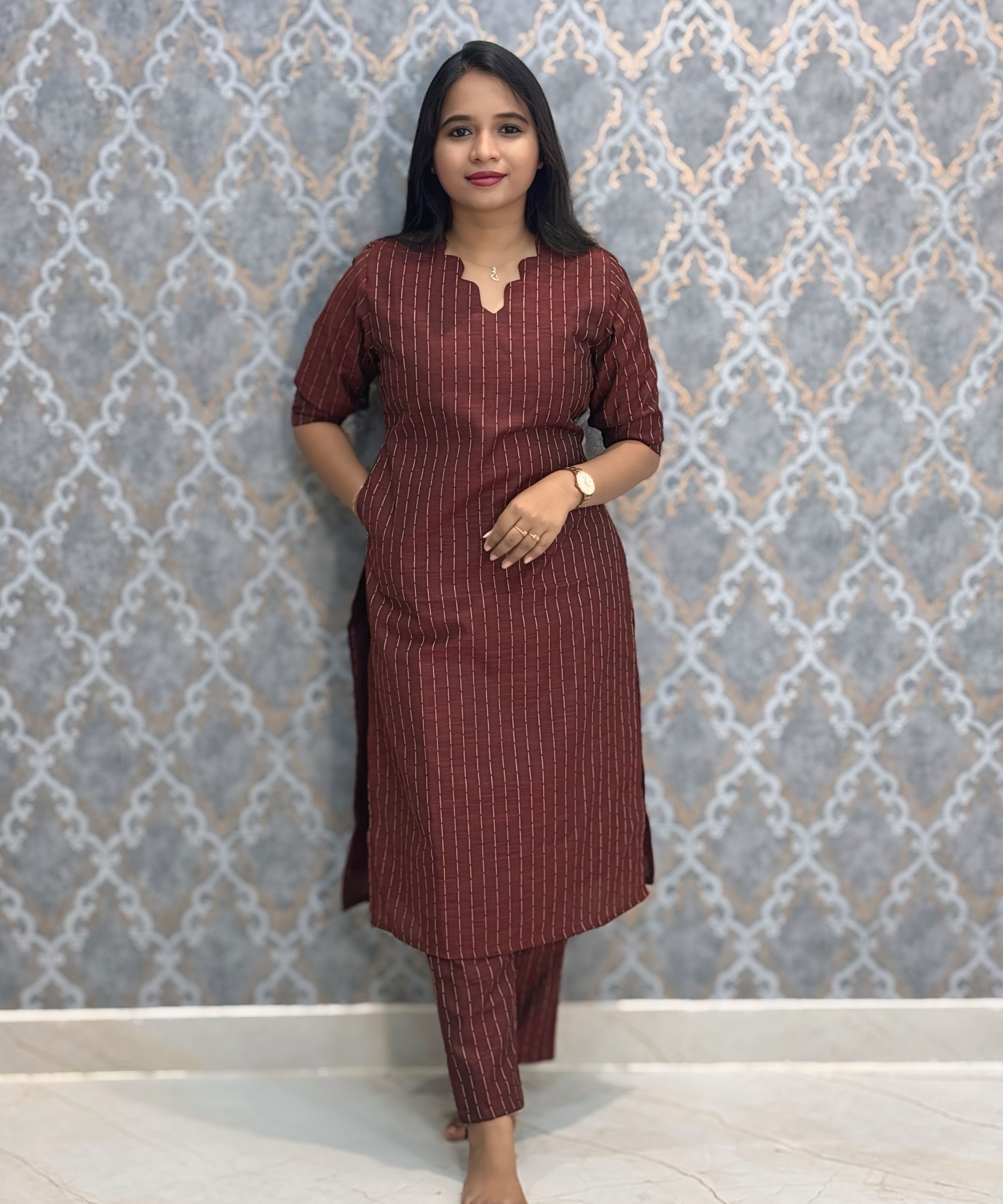 Deep Maroon Color Premium Raw Silk Coord Set with Pocket / LSS216