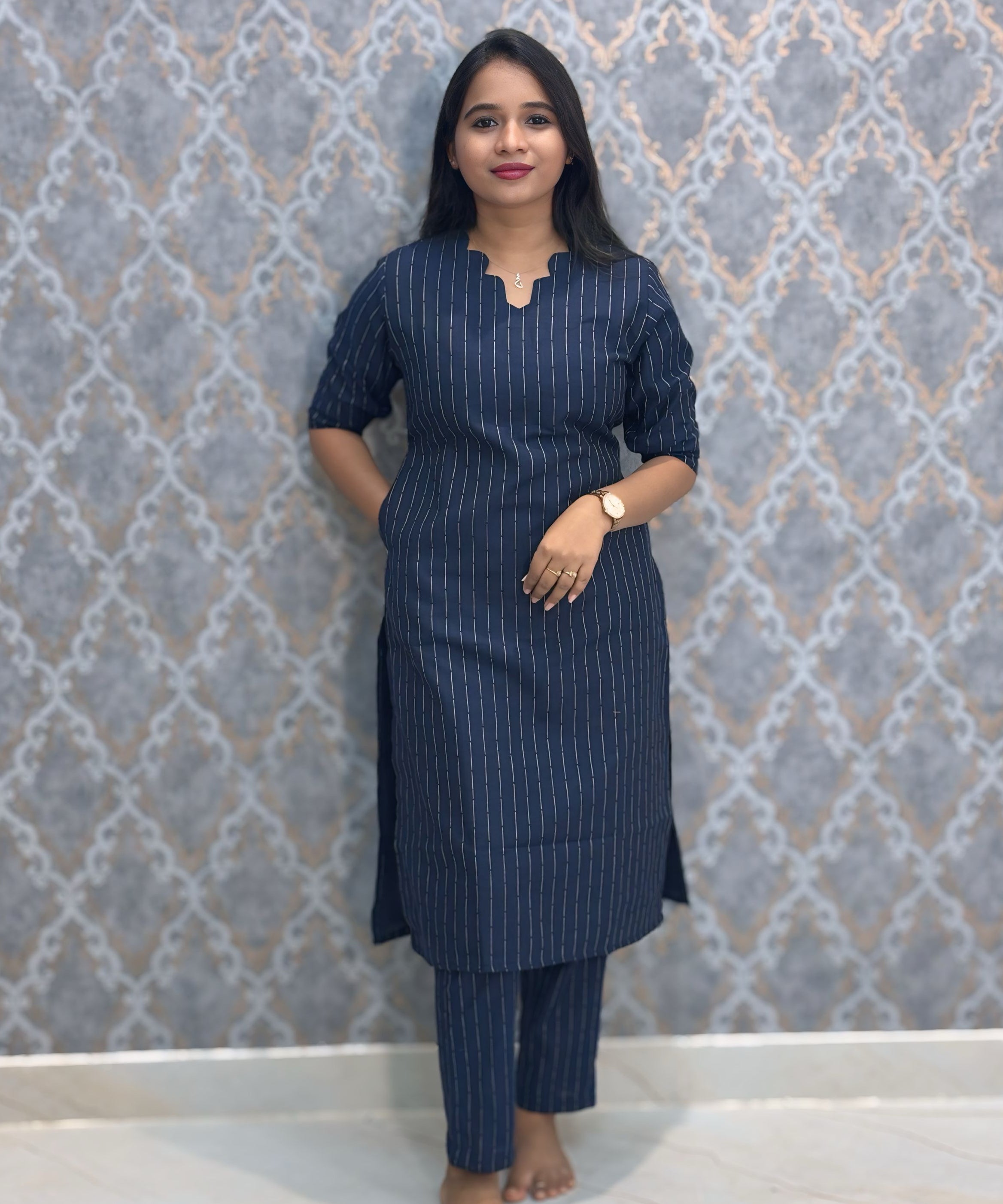Navy Blue Color Premium Raw Silk Coord Set with Pocket / LSS216