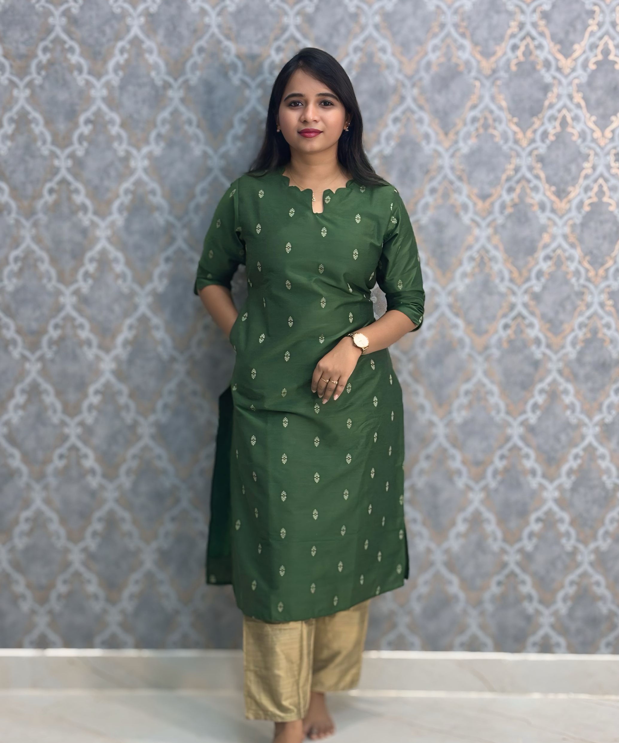 Dark Green Color Premium Raw Silk Coord Set with Pocket / LSS218