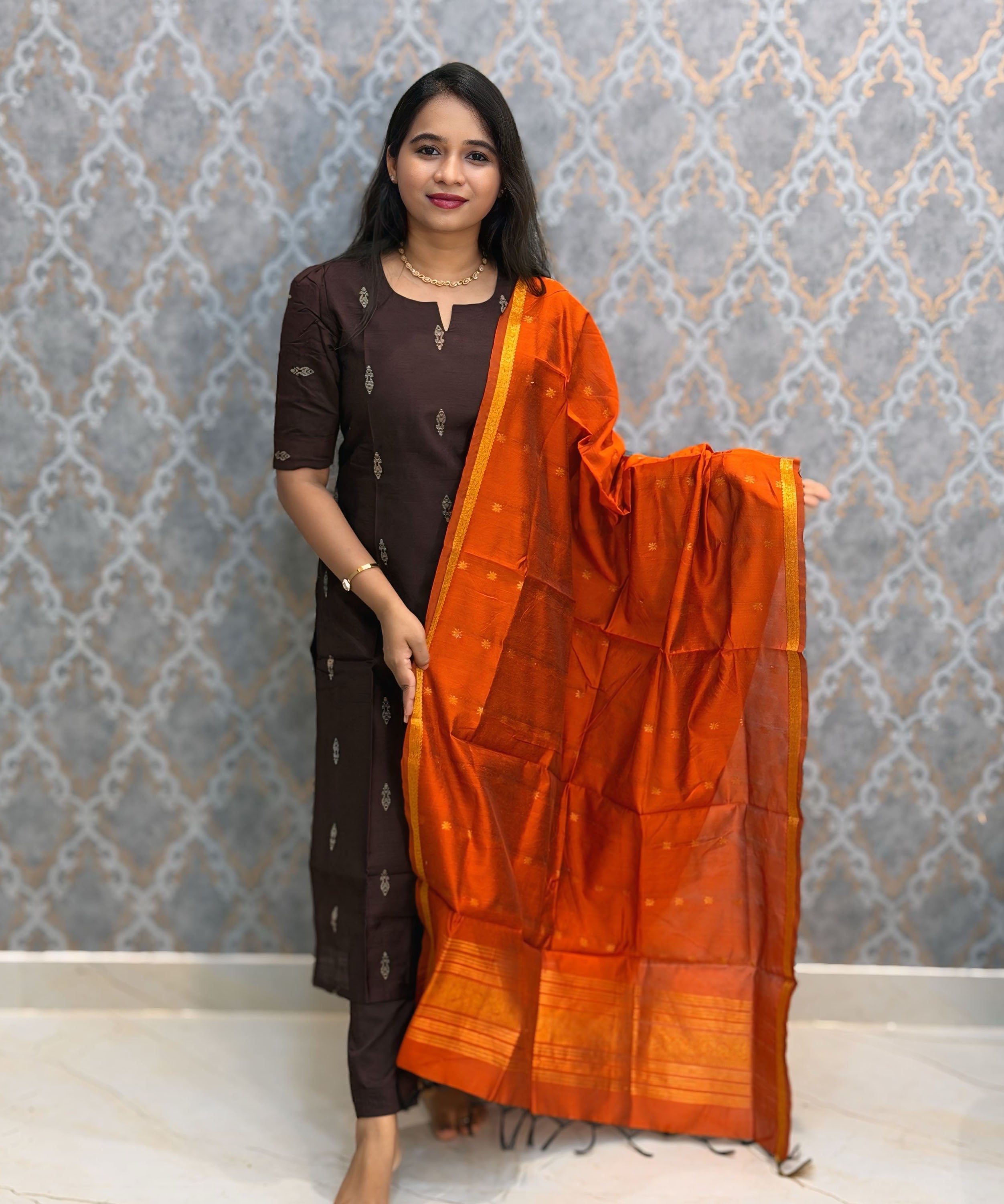Brown and Orange Color Premium Raw Silk Cotton Salwar Set with Lining and Pocket / HL051
