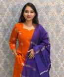 Orange and Royal Blue Color Premium Raw Silk Cotton Salwar Set with Lining and Pocket / HL053