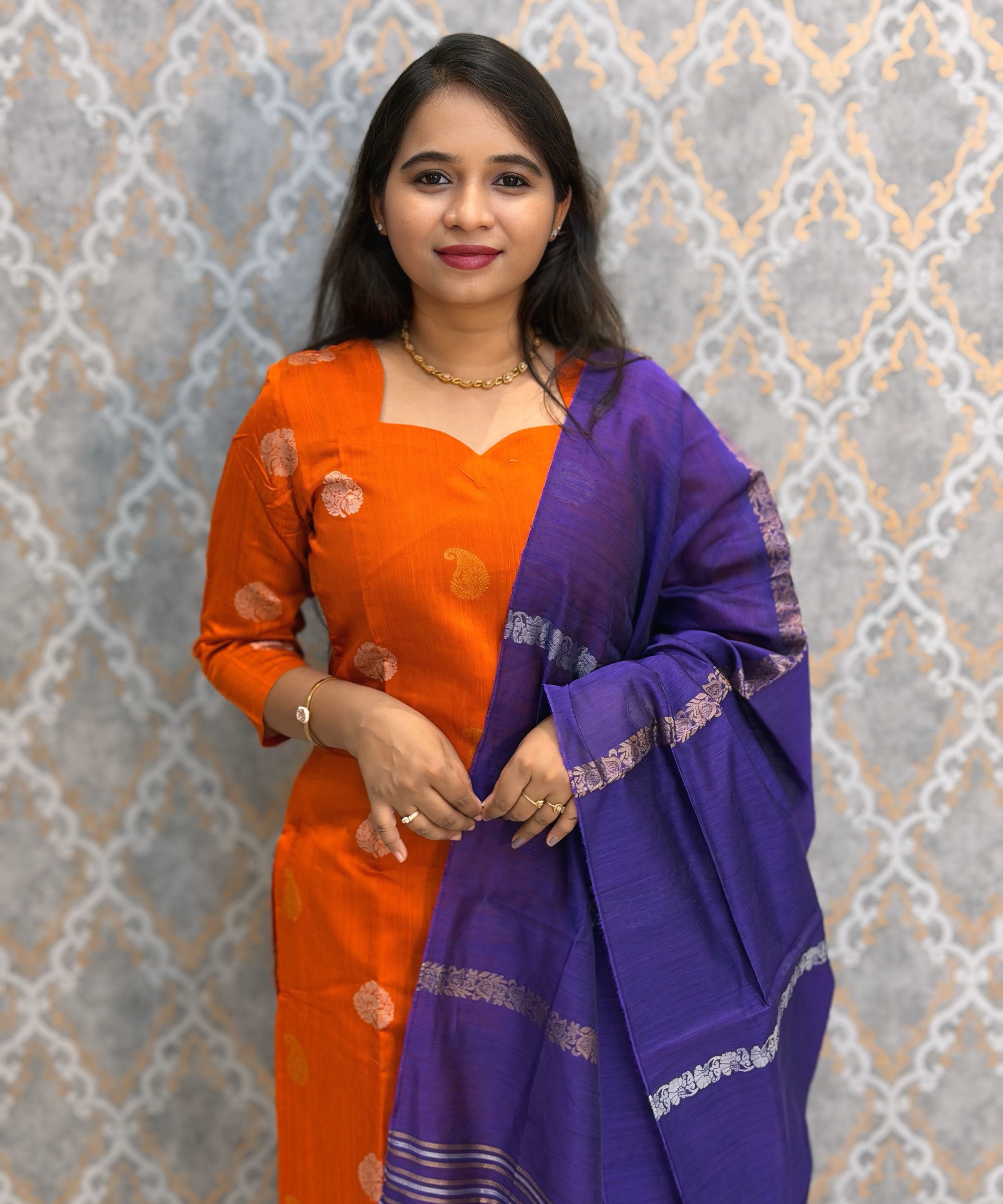 Orange and Royal Blue Color Premium Raw Silk Cotton Salwar Set with Lining and Pocket / HL053