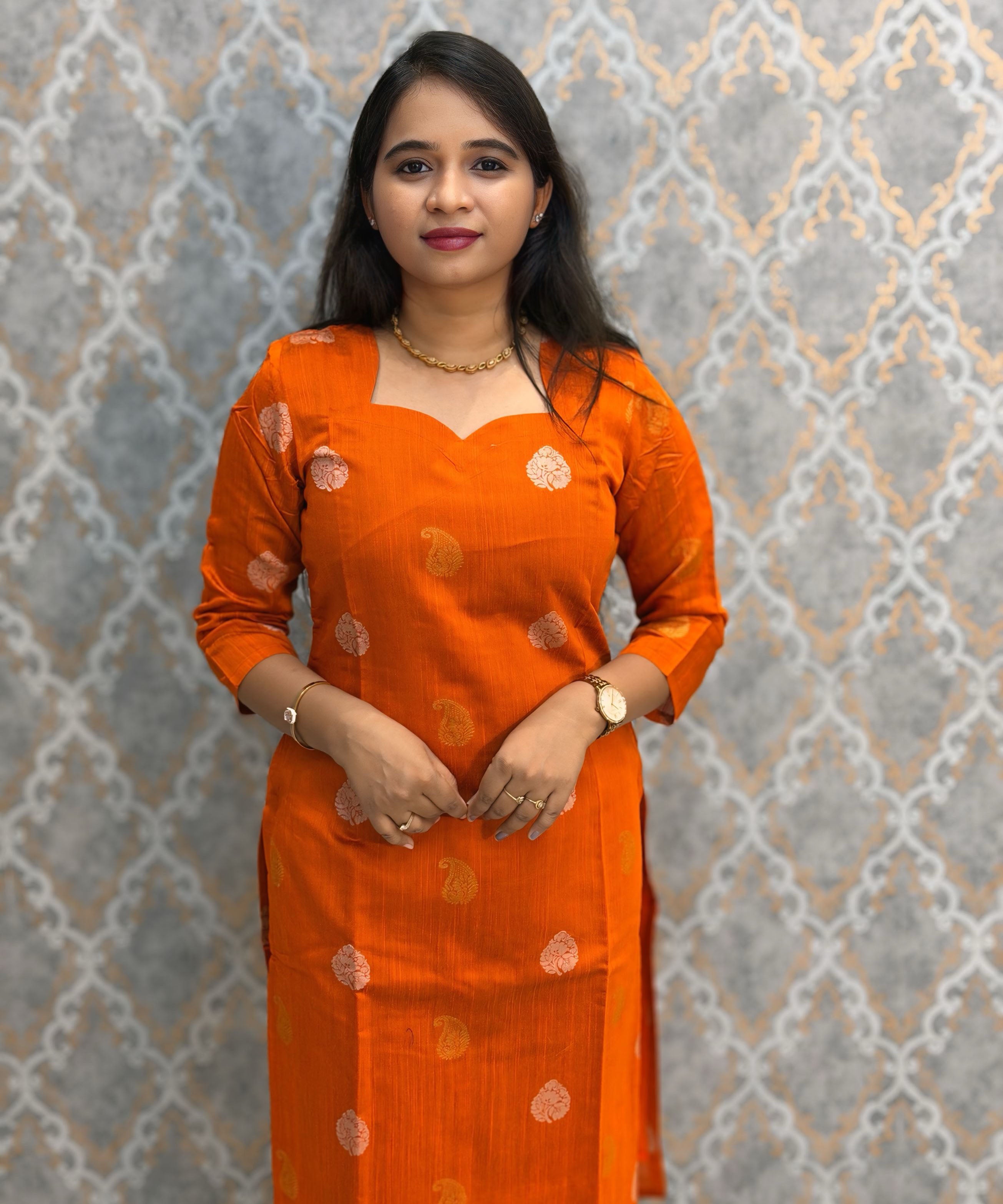 Orange and Royal Blue Color Premium Raw Silk Cotton Salwar Set with Lining and Pocket / HL053