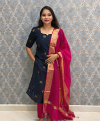 Dark Navy Blue and Pink Color Premium Raw Silk Cotton Salwar Set with Lining and Pocket / HL054