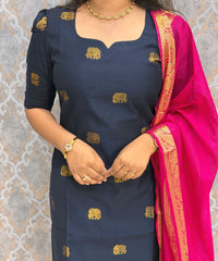 Dark Navy Blue and Pink Color Premium Raw Silk Cotton Salwar Set with Lining and Pocket / HL054