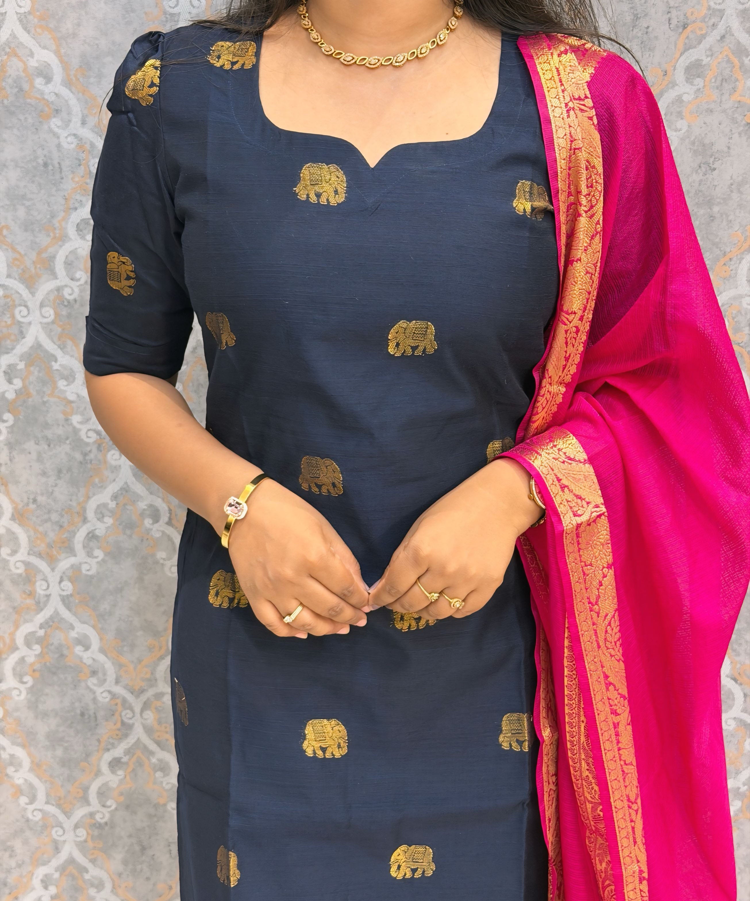 Dark Navy Blue and Pink Color Premium Raw Silk Cotton Salwar Set with Lining and Pocket / HL054
