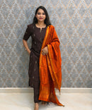 Brown and Orange Color Premium Raw Silk Cotton Salwar Set with Lining and Pocket / HL051