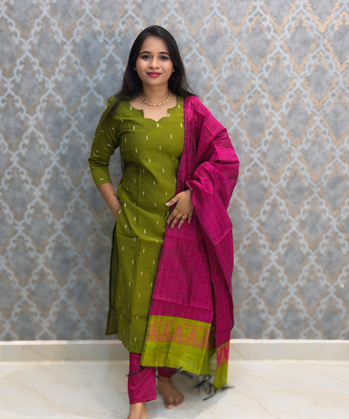 Parrot Green and Pink Color Premium Raw Silk Cotton Salwar Set with Lining and Pocket / HL056