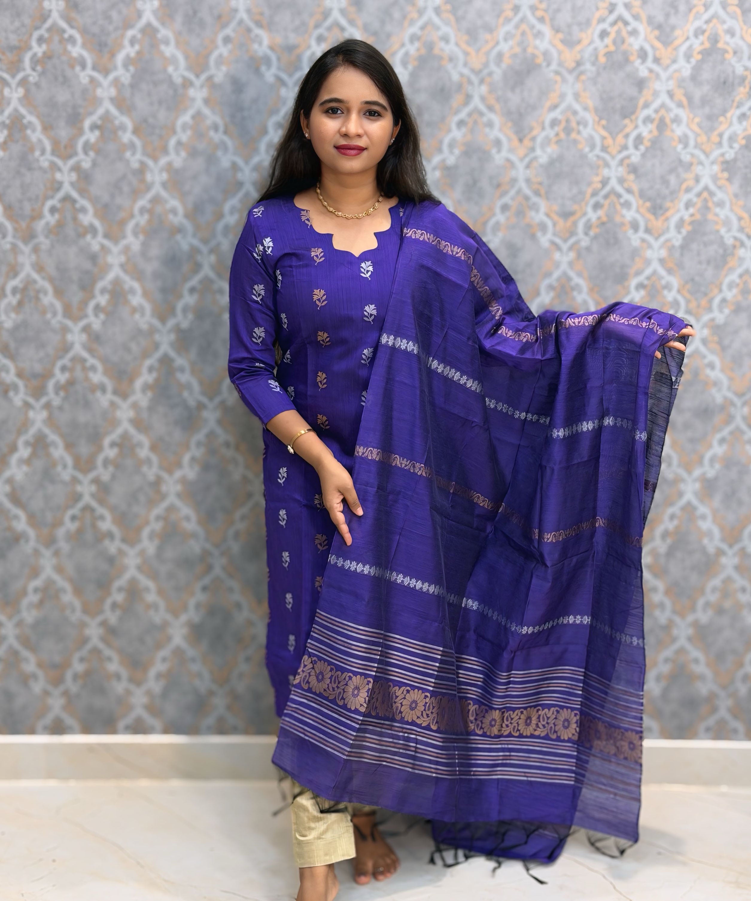 Royal Blue and Beige Color Premium Raw Silk Cotton Salwar Set with Lining and Pocket / HL055
