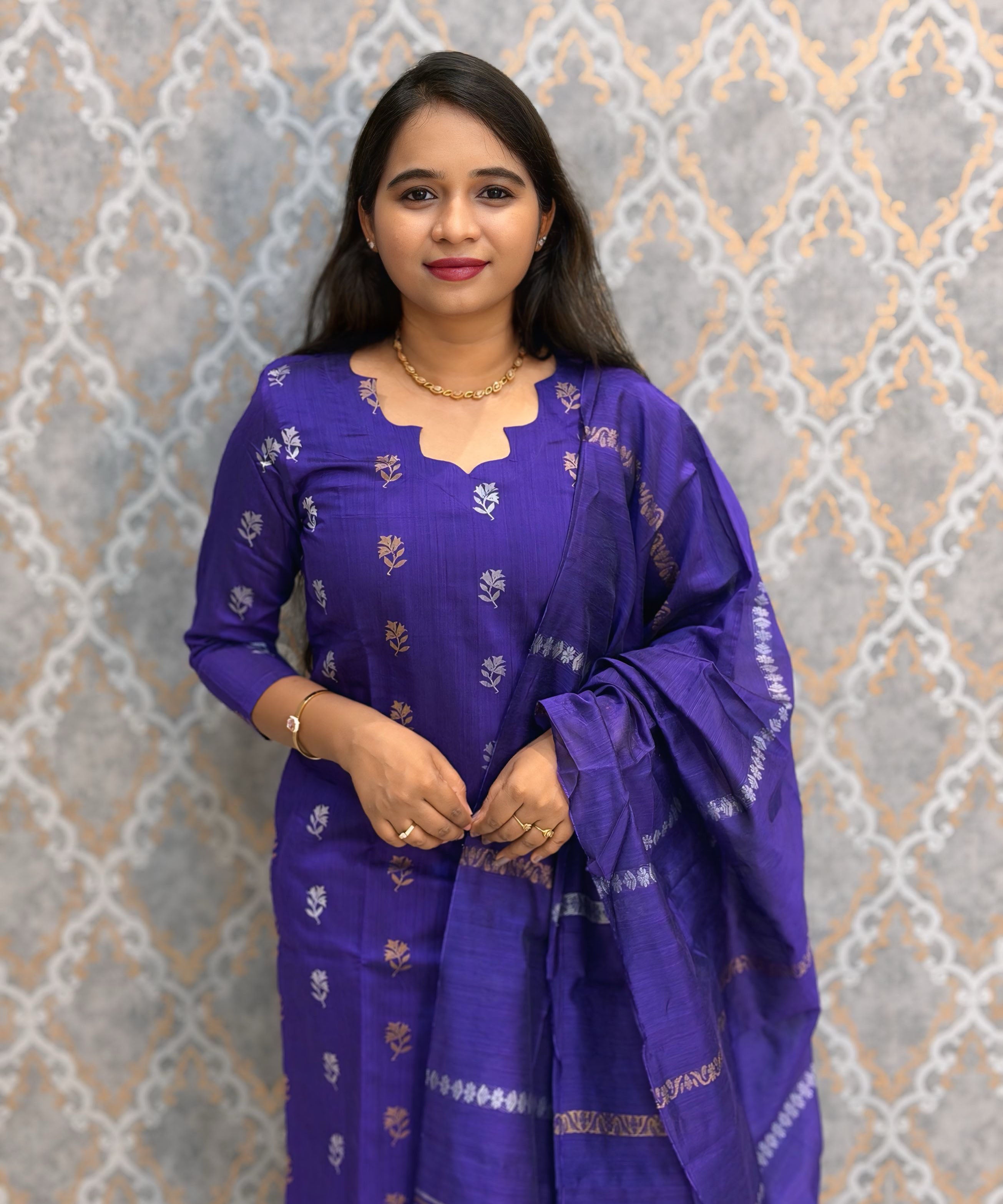 Royal Blue and Beige Color Premium Raw Silk Cotton Salwar Set with Lining and Pocket / HL055