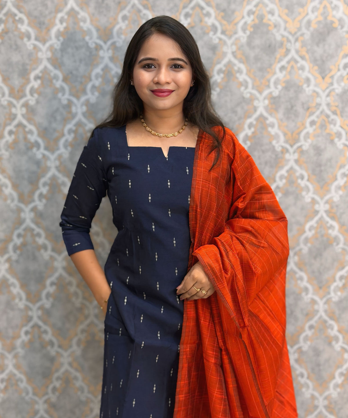 Blue and Rust Orange Color Premium Raw Silk Cotton Salwar Set with Lining and Pocket / HL058