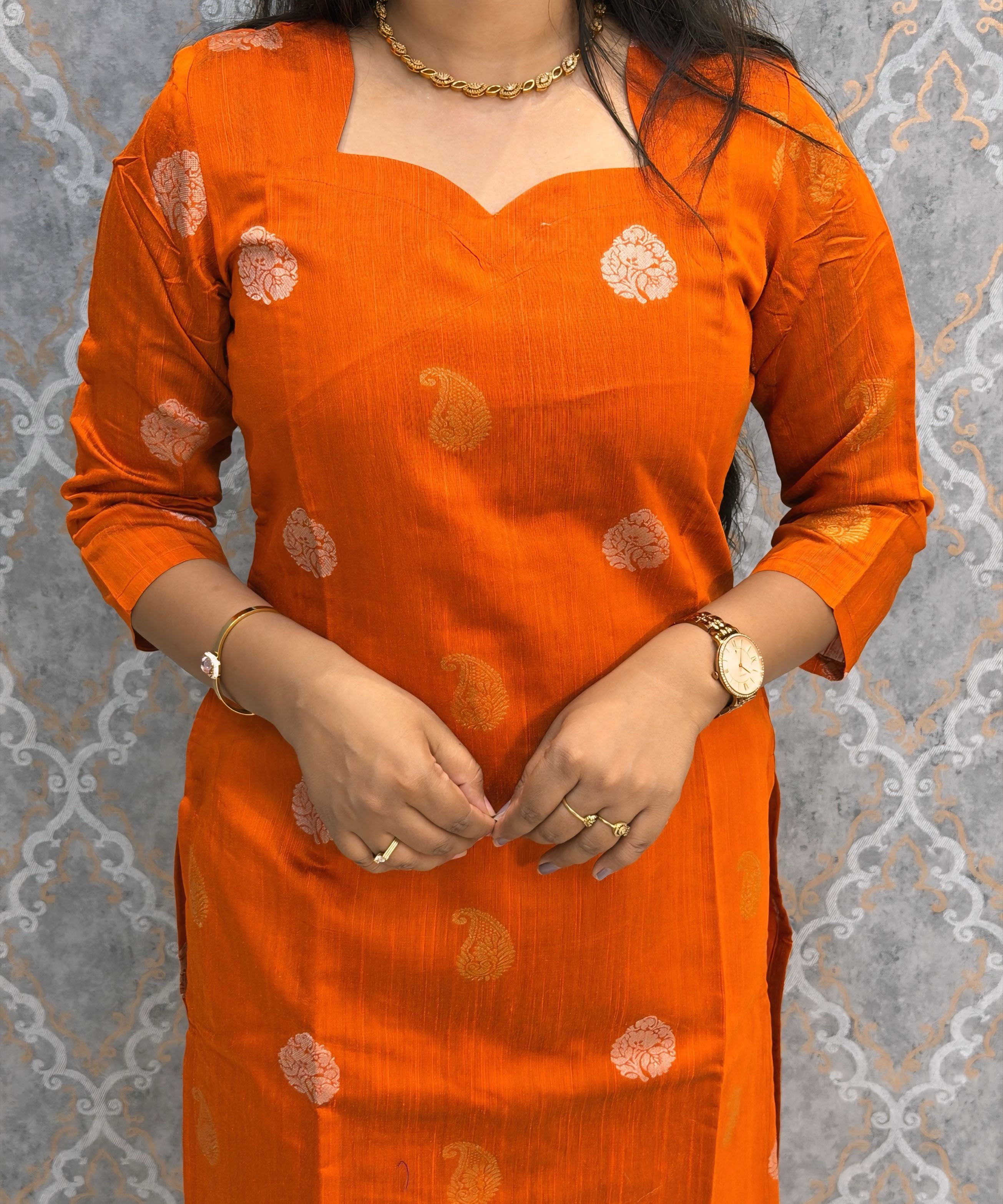 Orange and Royal Blue Color Premium Raw Silk Cotton Salwar Set with Lining and Pocket / HL053