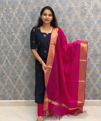 Dark Navy Blue and Pink Color Premium Raw Silk Cotton Salwar Set with Lining and Pocket / HL054