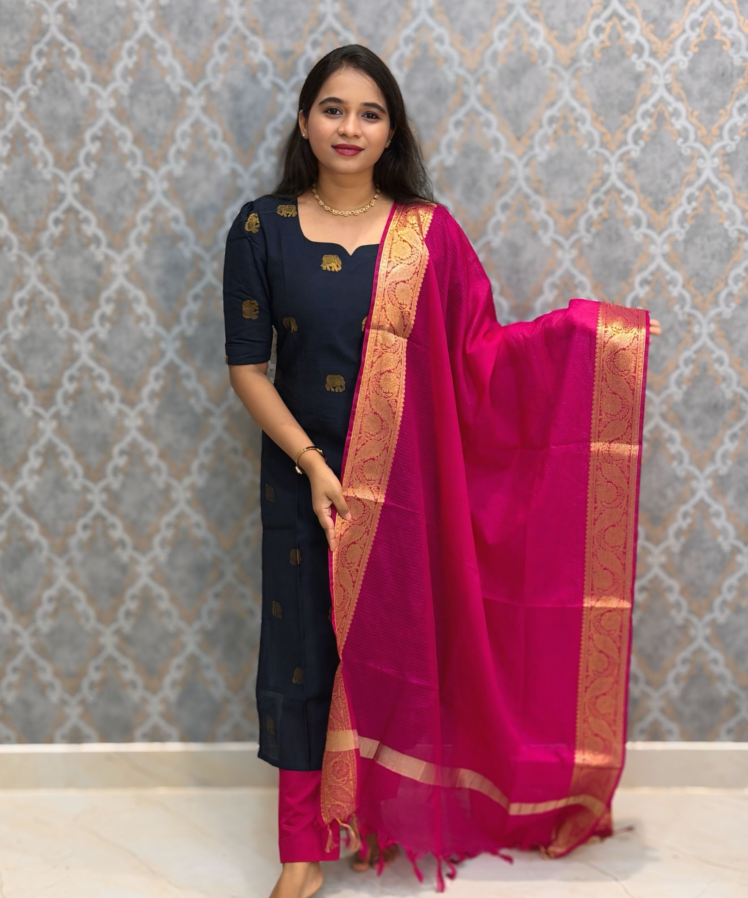 Dark Navy Blue and Pink Color Premium Raw Silk Cotton Salwar Set with Lining and Pocket / HL054