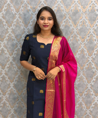 Dark Navy Blue and Pink Color Premium Raw Silk Cotton Salwar Set with Lining and Pocket / HL054