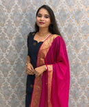 Dark Navy Blue and Pink Color Premium Raw Silk Cotton Salwar Set with Lining and Pocket / HL054