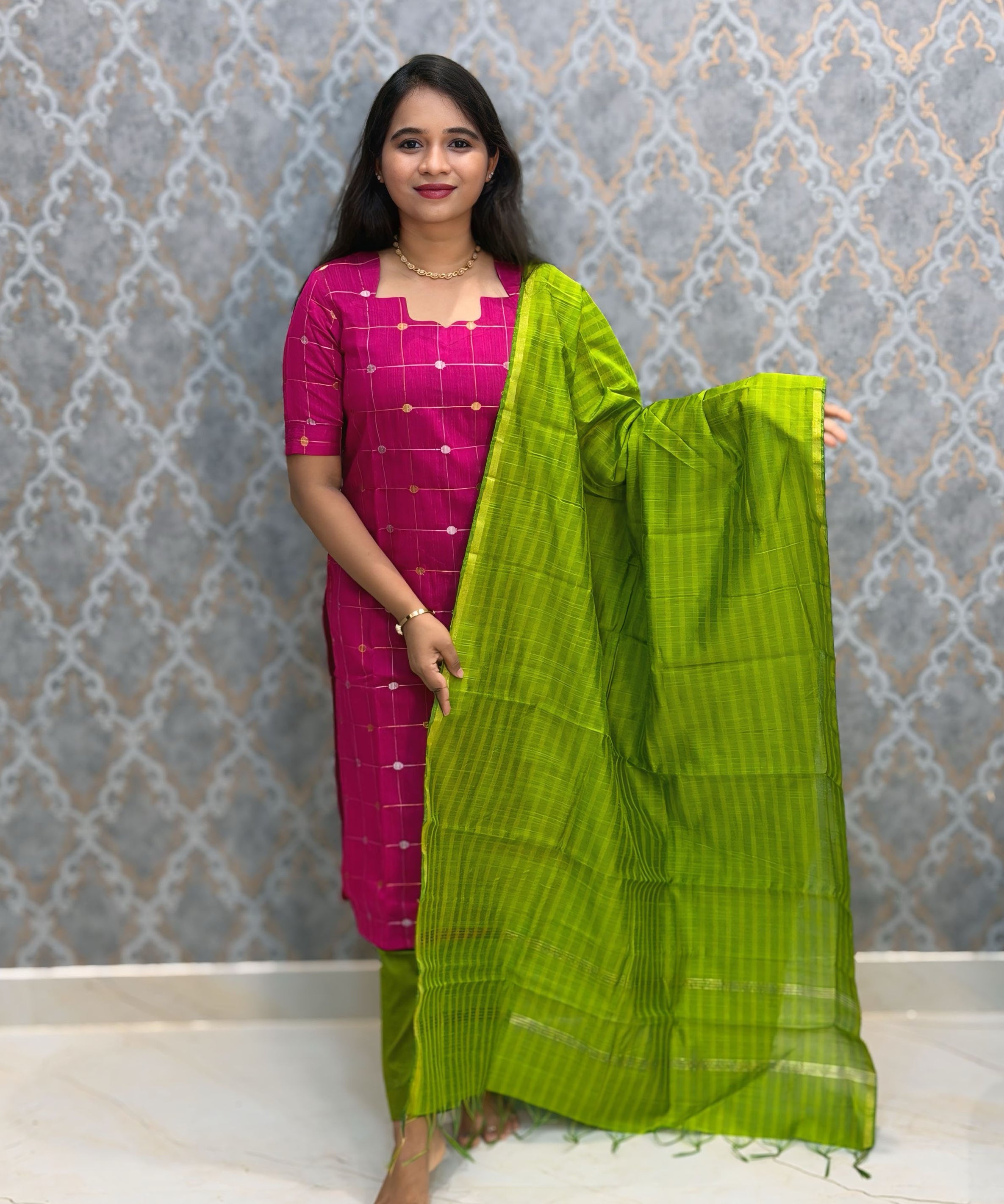 Pink and Green Color Premium Raw Silk Cotton Salwar Set with Lining and Pocket / HL052
