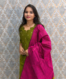 Parrot Green and Pink Color Premium Raw Silk Cotton Salwar Set with Lining and Pocket / HL056