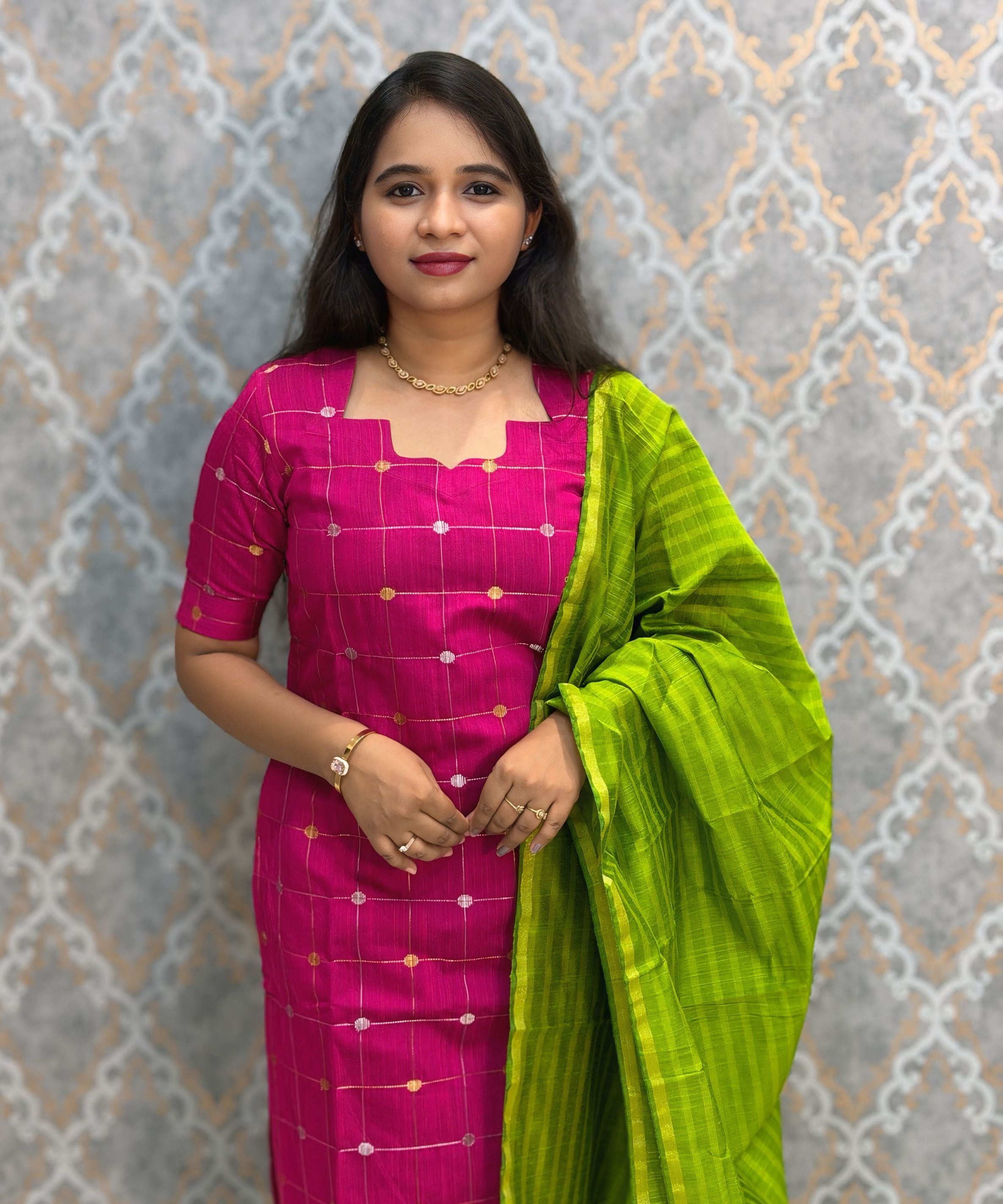 Pink and Green Color Premium Raw Silk Cotton Salwar Set with Lining and Pocket / HL052