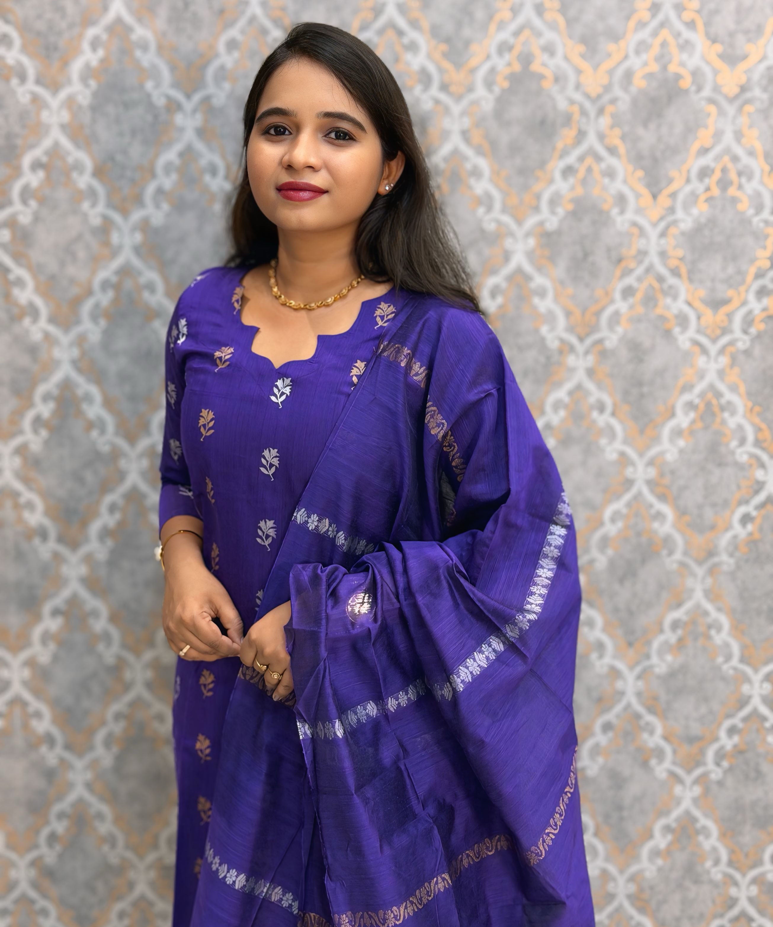 Royal Blue and Beige Color Premium Raw Silk Cotton Salwar Set with Lining and Pocket / HL055
