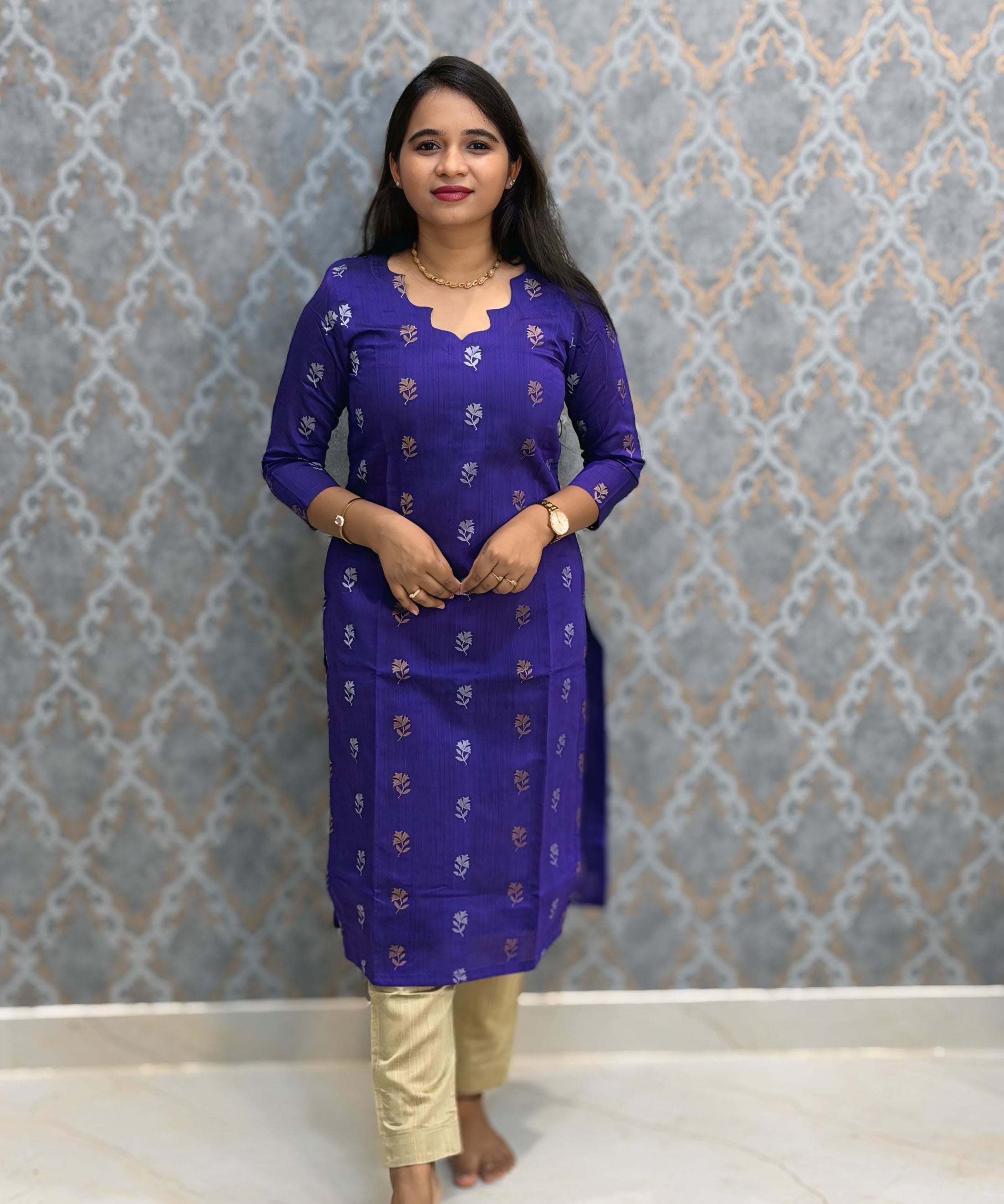 Royal Blue and Beige Color Premium Raw Silk Cotton Salwar Set with Lining and Pocket / HL055