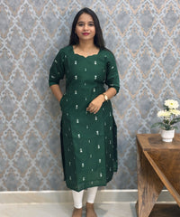 Dark Green Color Premium Raw Silk Kurti with Cotton Lining and Pocket / RS001